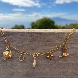 Gold Tone Western Charm Necklace with Cowboy Hat, Boot & Pearl Cross